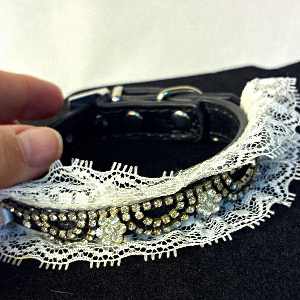 XS Adjustable Black Faux Leather Rhinestone/Diamante Dog Collar bling w/ Lace